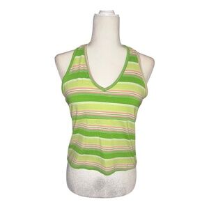 Y2K Green & Pink Striped Halter Top Tank Medium